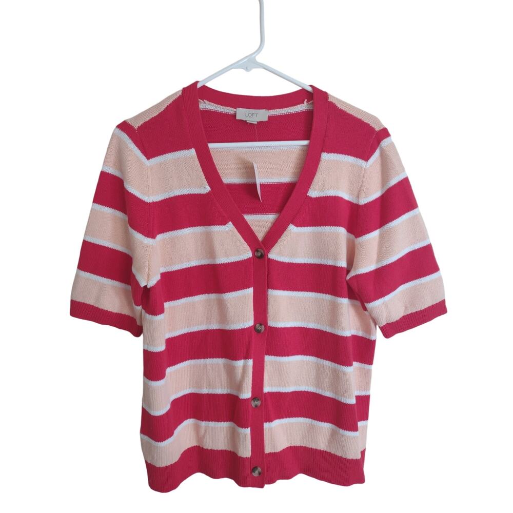 Ann Taylor Outlet Lightweight‎ Peach and Red Striped Cardigan Size Large Preppy